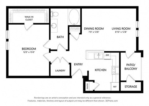 1 Bedroom Floor Plan at Five Mile Creek, Dallas Texas